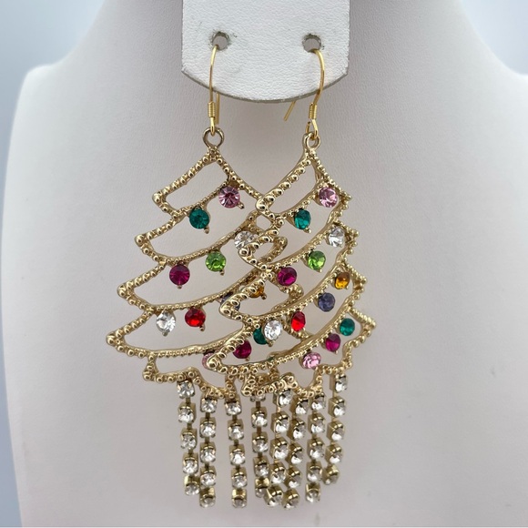 Gold Christmas Tree Chandelier Earrings – Multicolor Rhinestones, Statement - Picture 6 of 8